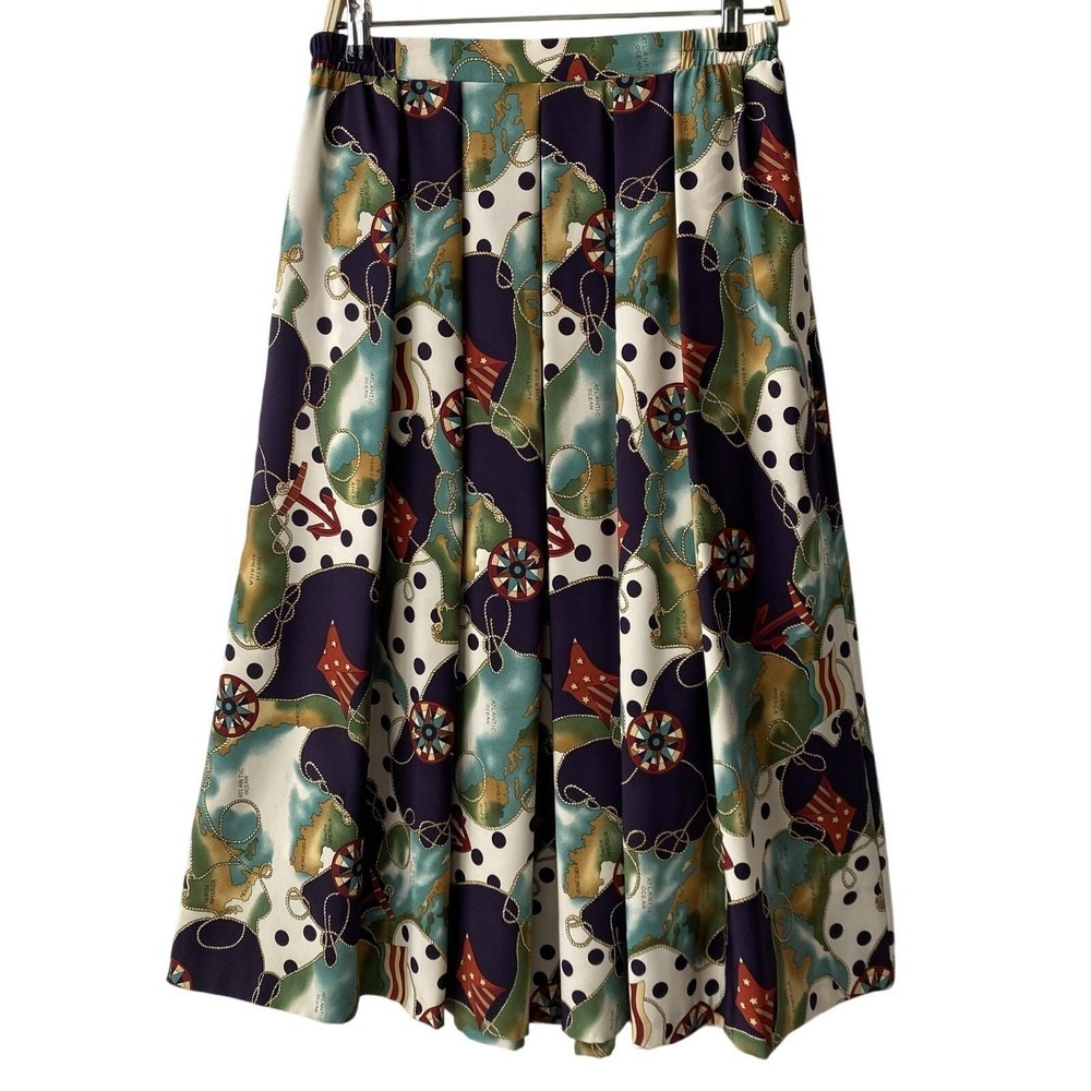 Vintage Retro Map Print Midi Skirt Size 14 Multicolor Nautical Old Money Pull On
